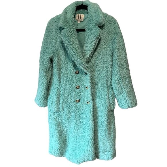 Worthington SeaFoam Green Blue Faux Fur Teddybear Shearling Double Breasted Coat - Picture 3 of 12